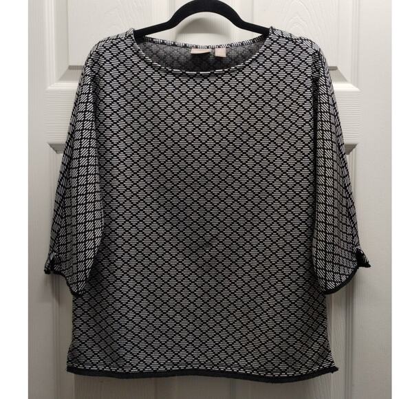 Chico's Size Medium (1) Black White Geometric Fringe Trim Dolman Sleeve Top - Picture 1 of 8